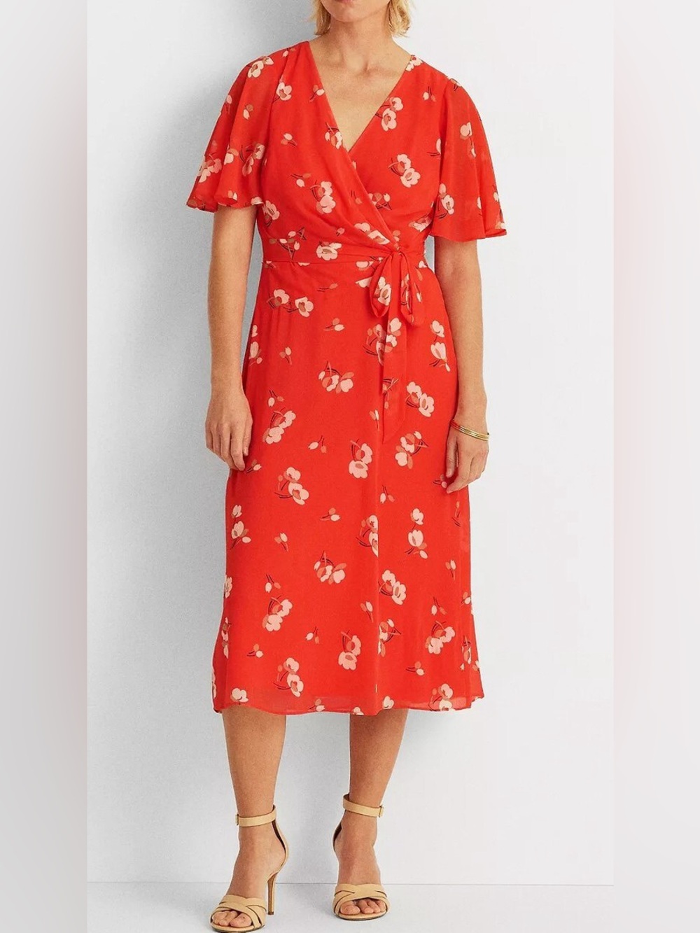 LAUREN RALPH LAUREN Red Floral Crinkled Georgette Wrap Dress